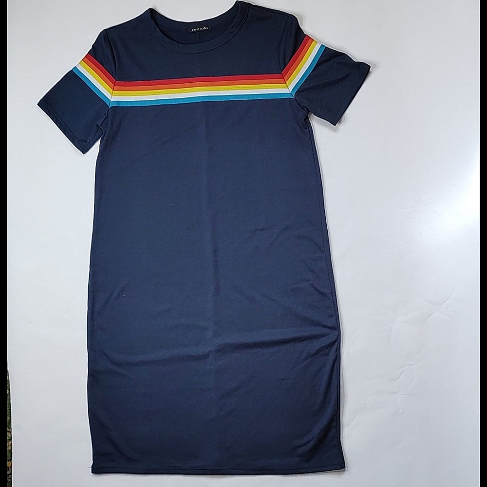 Sweet Claire Navy Dress with Color Stripe SMALL